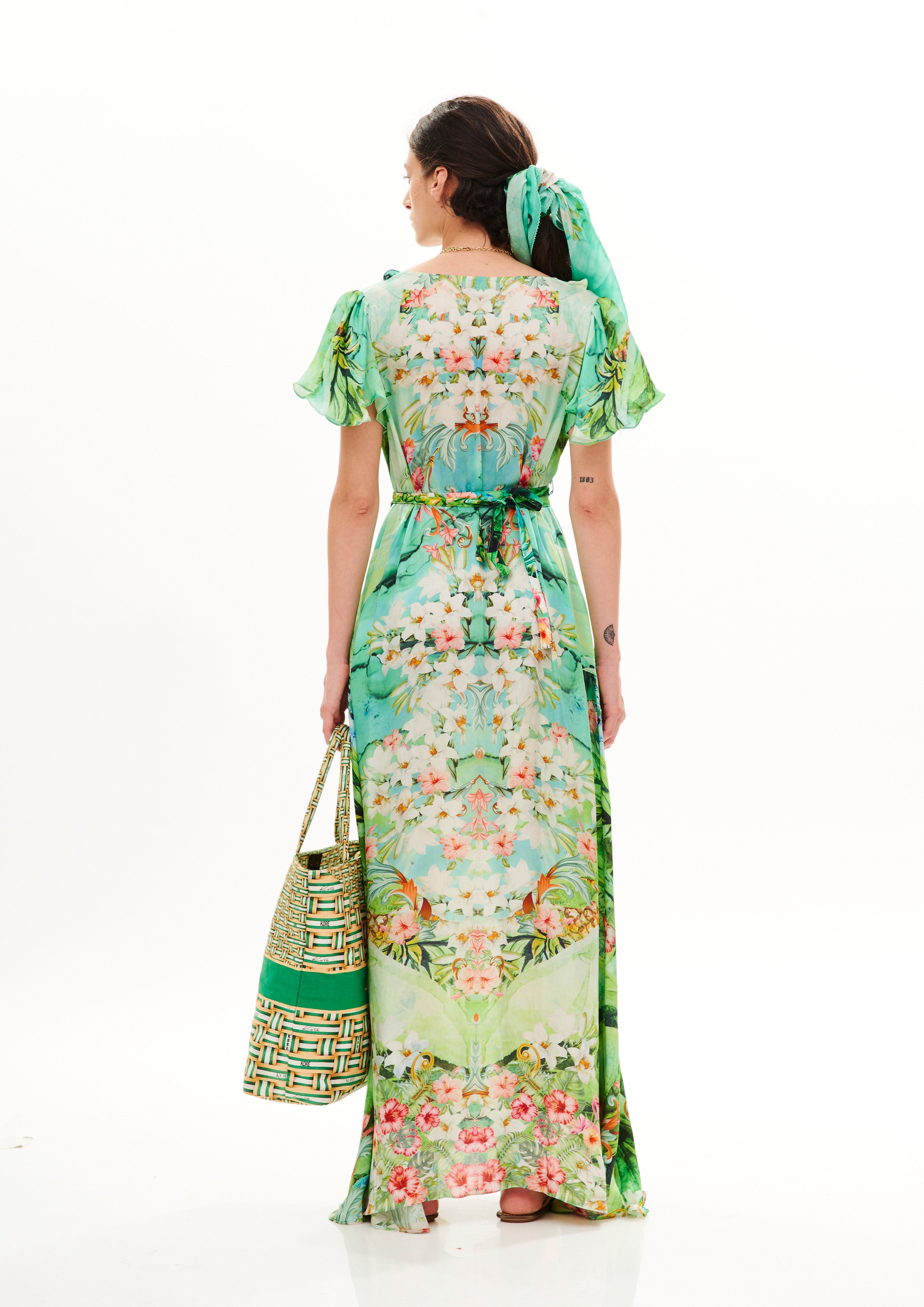 V-Neck Ruffles Long Tunic Tropical Breeze Garden in cherry satin