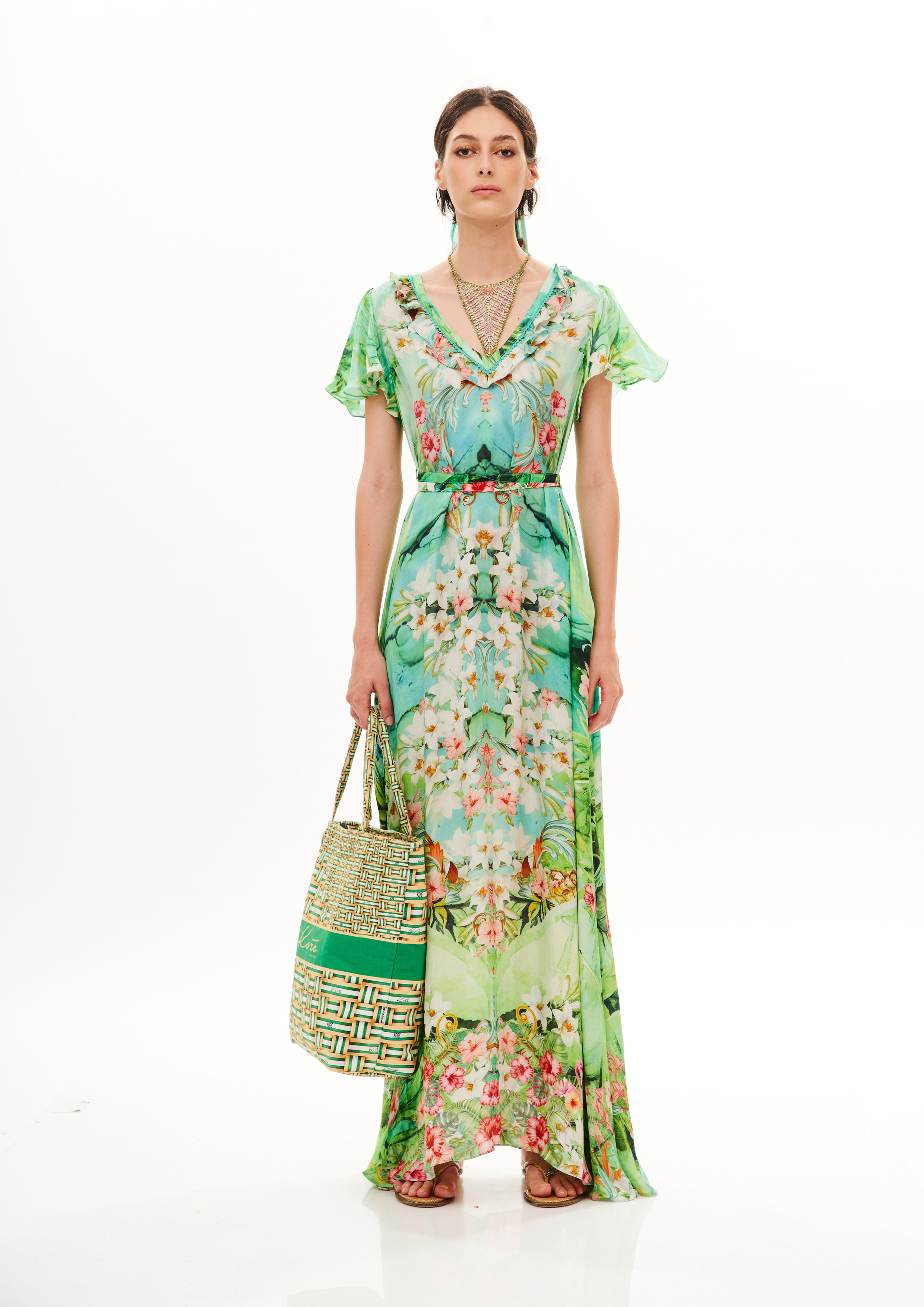 V-Neck Ruffles Long Tunic Tropical Breeze Garden in cherry satin