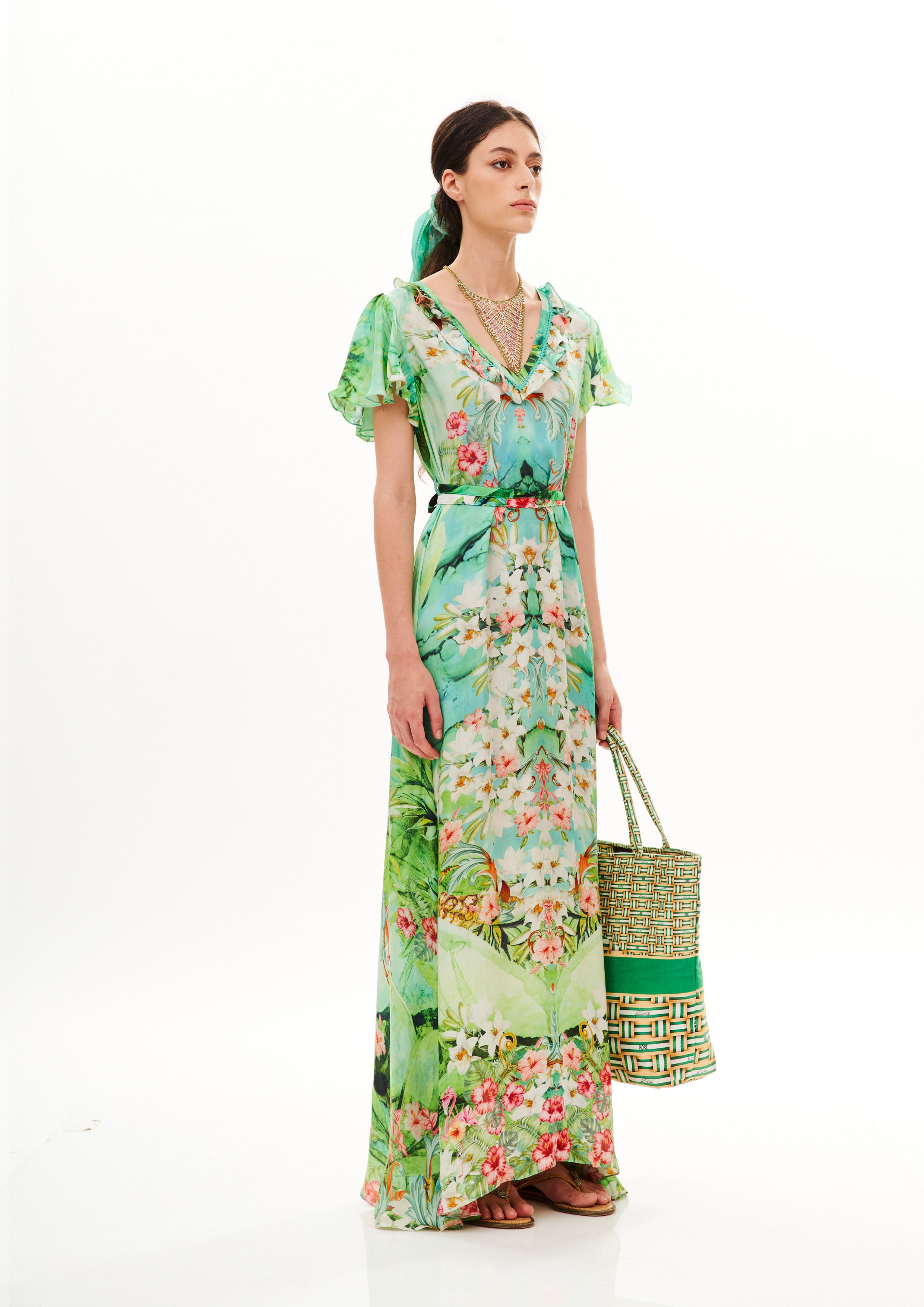 V-Neck Ruffles Long Tunic Tropical Breeze Garden in cherry satin