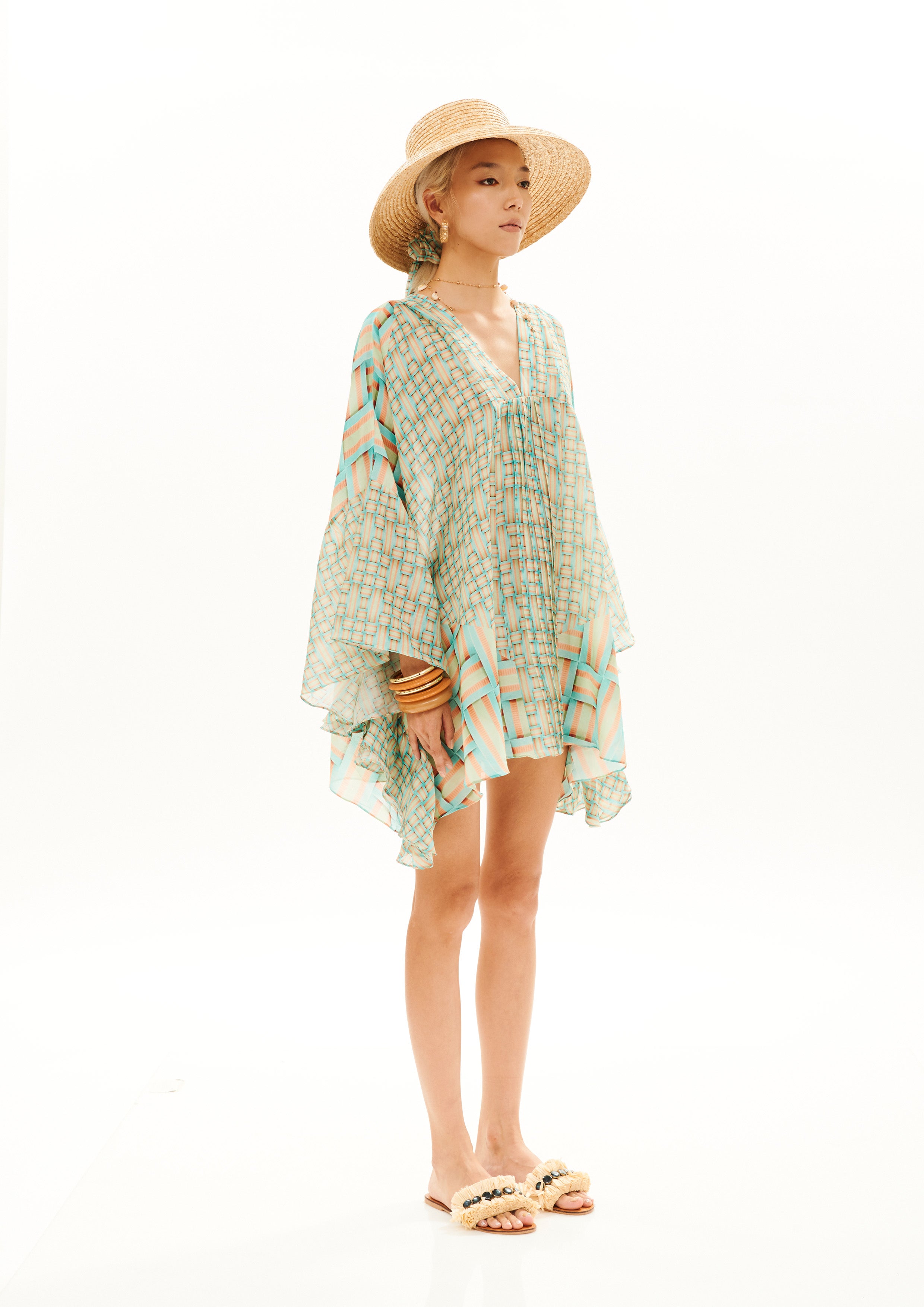 Short Side Ruffle Detail Kaftan Monogram Breeze Sunrise in chandery fabric