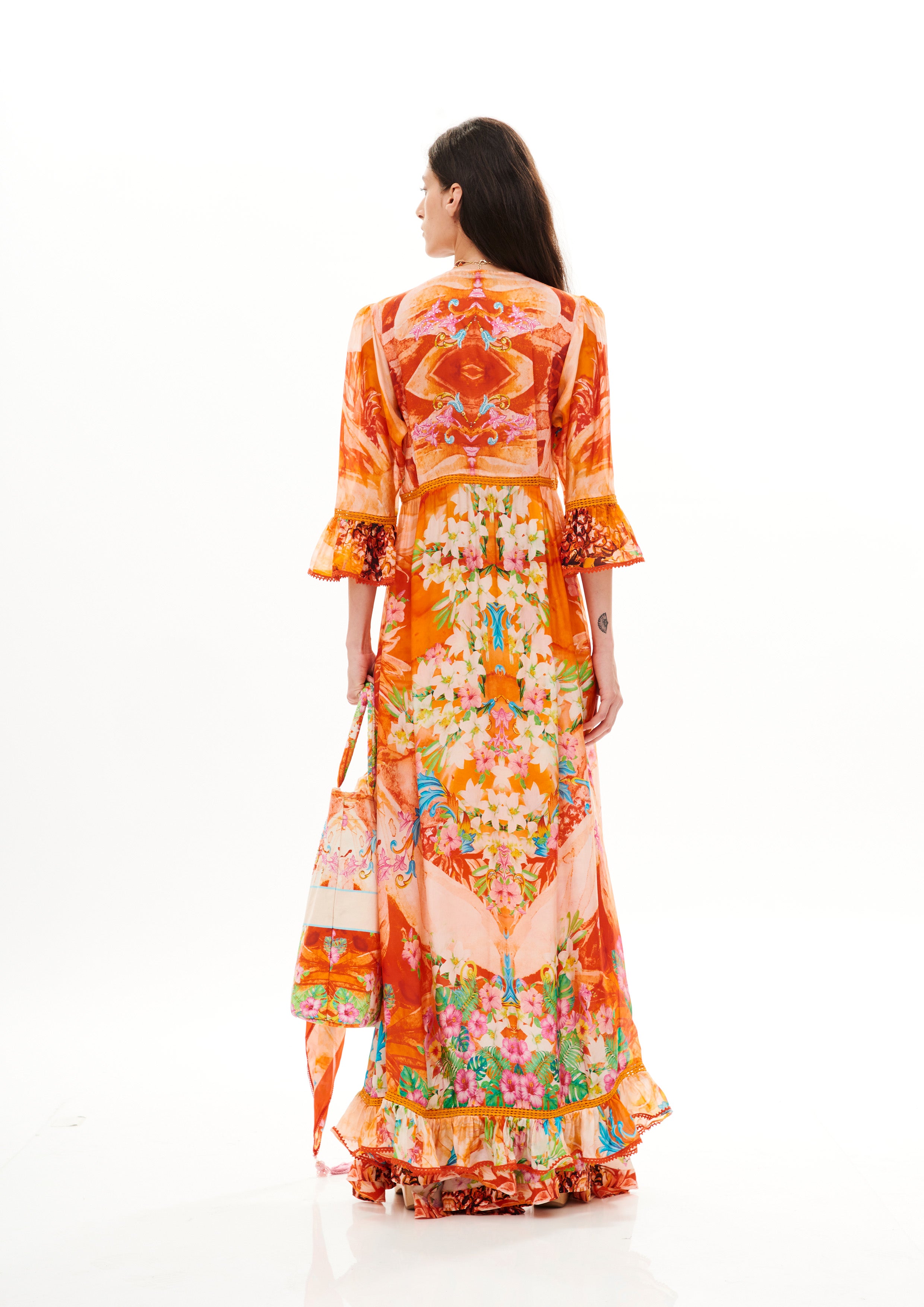 Long Coverup with Ruffle Inserts Tropical Breeze Sunrise in taby silk