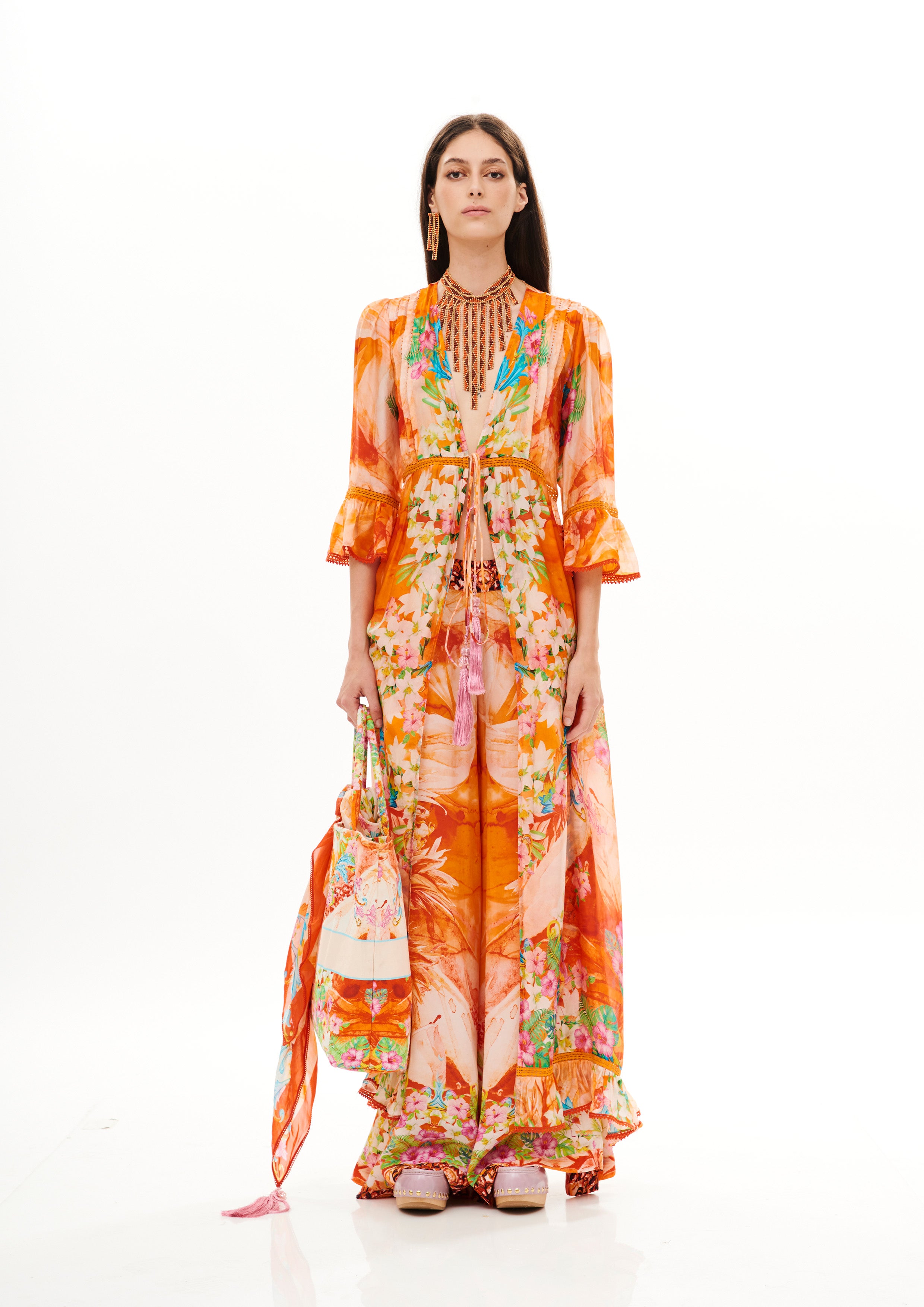 Long Coverup with Ruffle Inserts Tropical Breeze Sunrise in taby silk