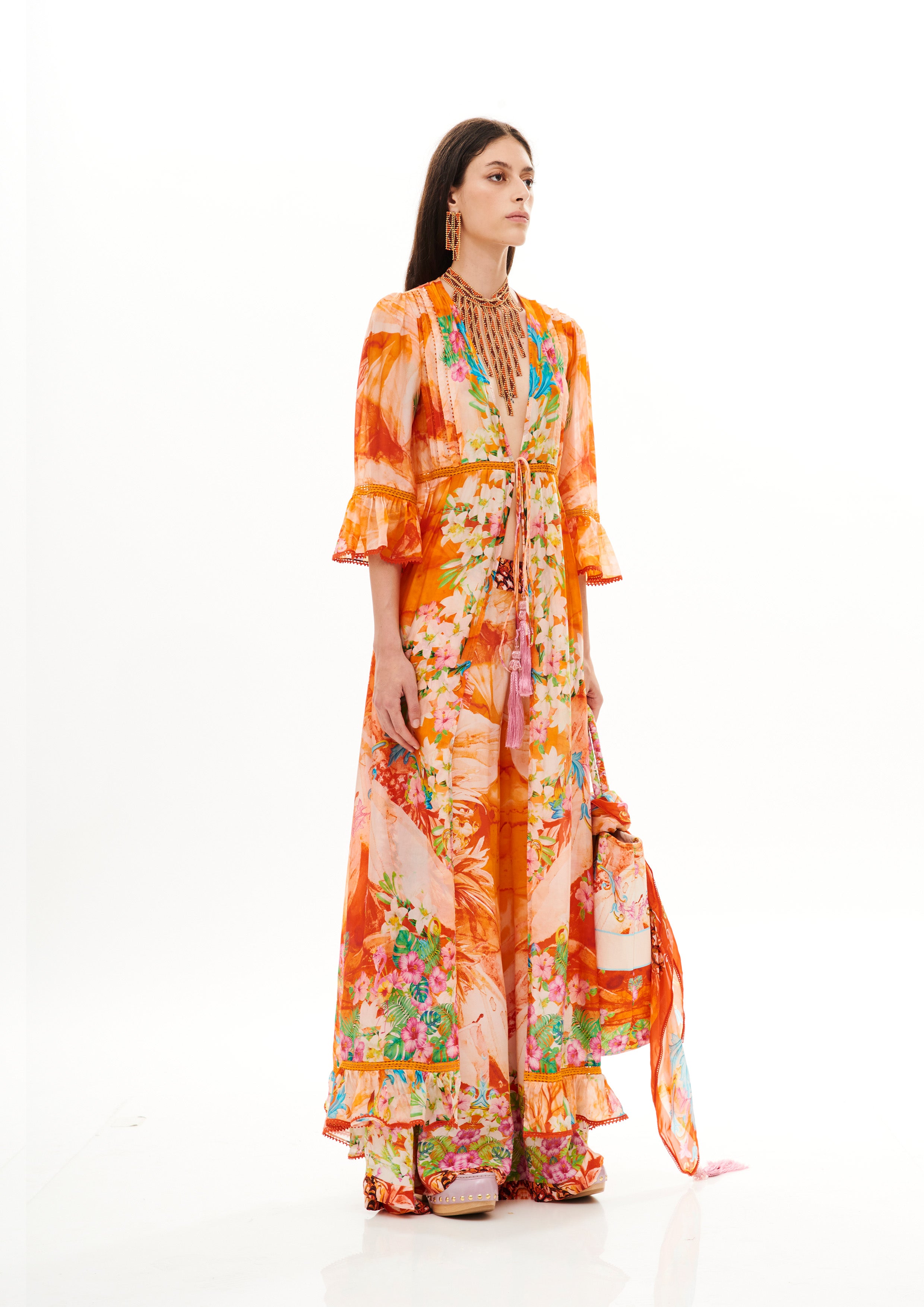 Long Coverup with Ruffle Inserts Tropical Breeze Sunrise in taby silk