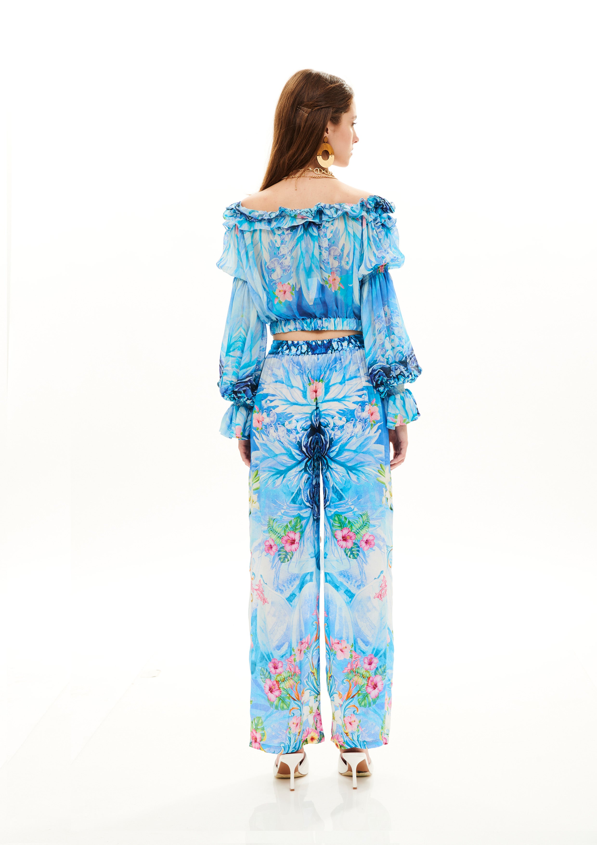 Long Lounge Bell Bottom Pants Tropical Fresh Breeze in natural crepe