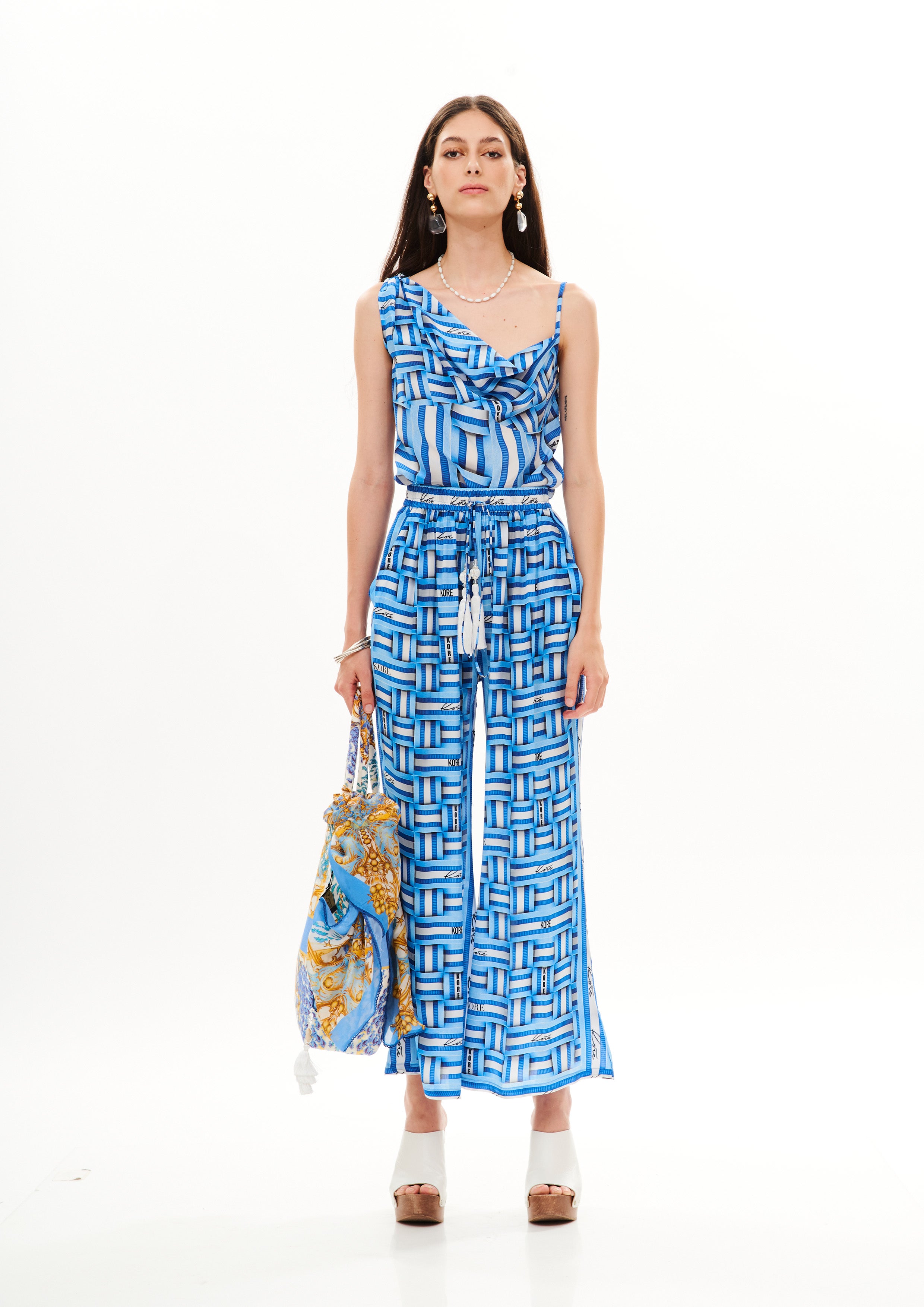 Long Lounge Bell Bottom Pants Monogram Dream Day in natural crepe