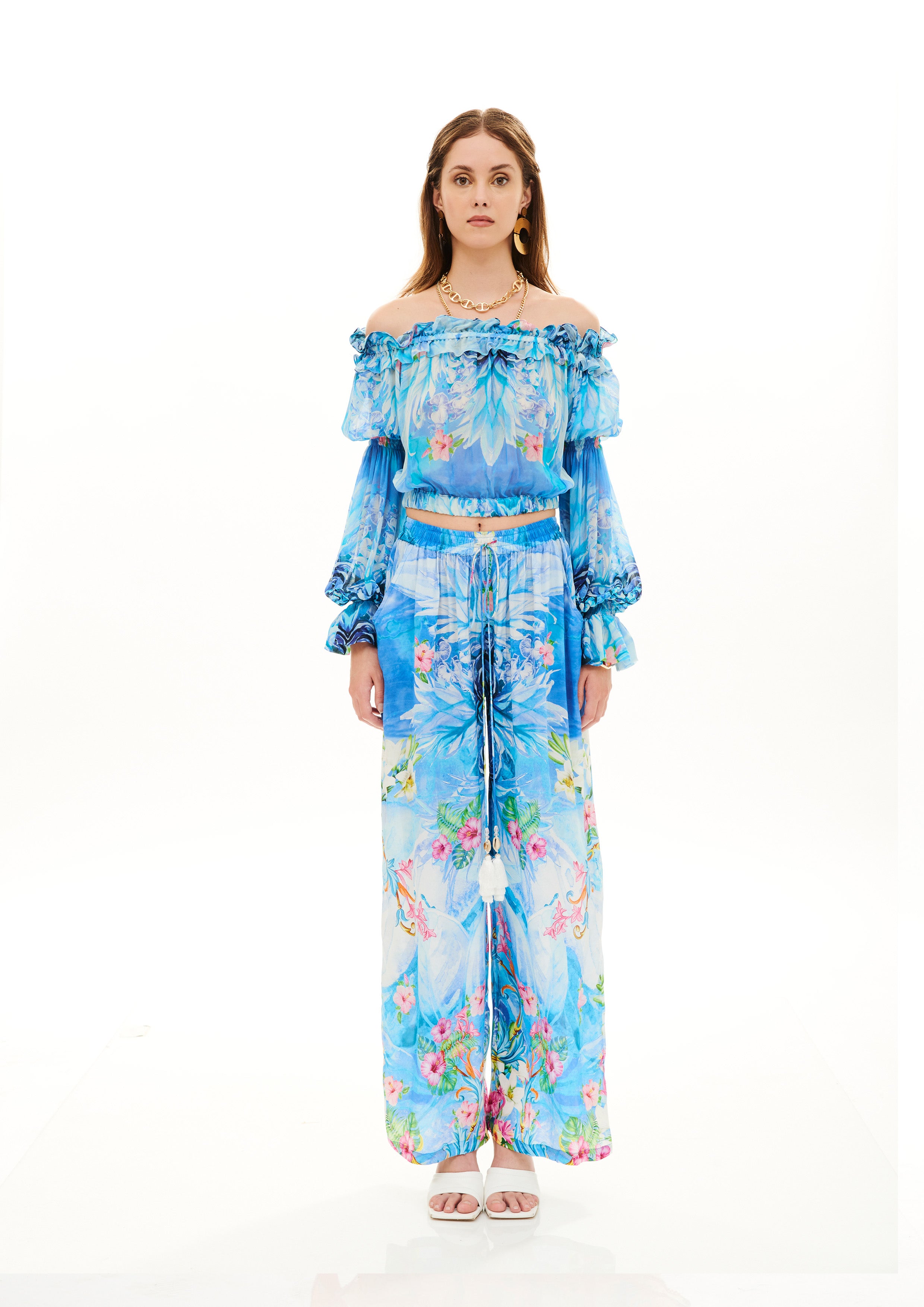 Long Lounge Bell Bottom Pants Tropical Fresh Breeze in natural crepe