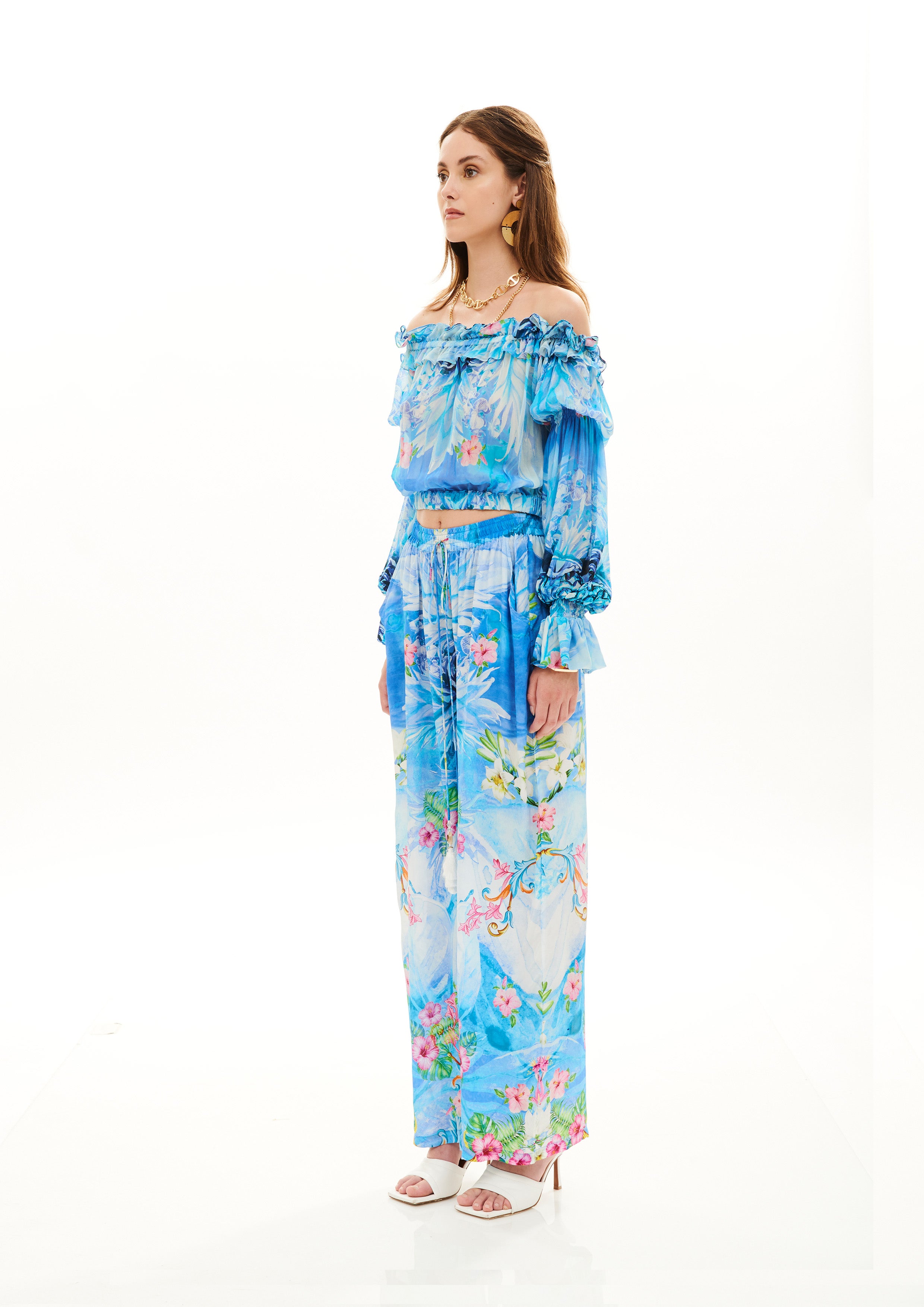 Long Lounge Bell Bottom Pants Tropical Fresh Breeze in natural crepe