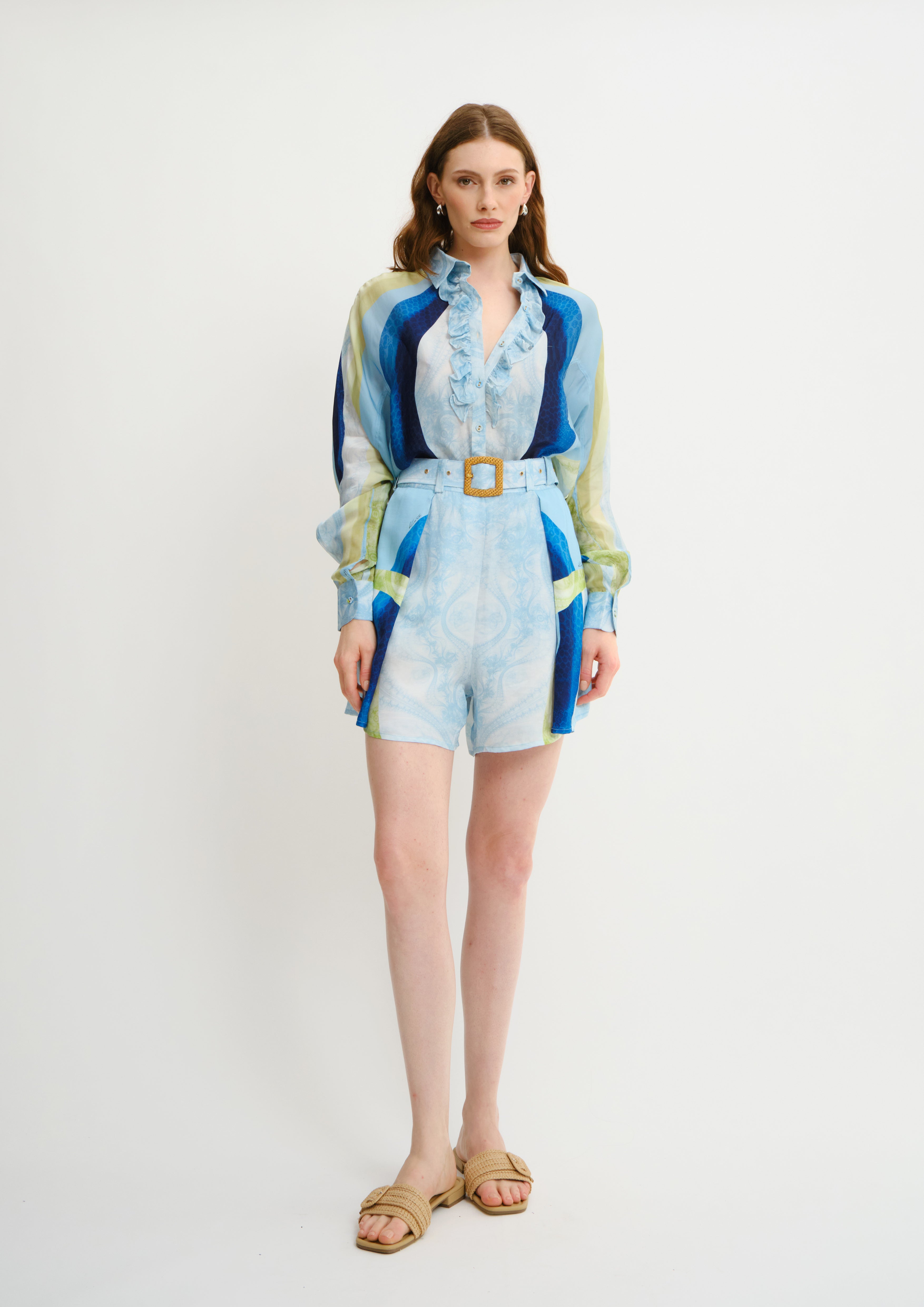 Ruffle Shirt Blooming Night in Georgette Satin