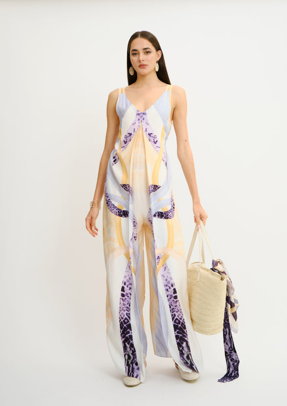 V-Neck Pleated Jumpsuit Sahara Notte in Elegant Twill