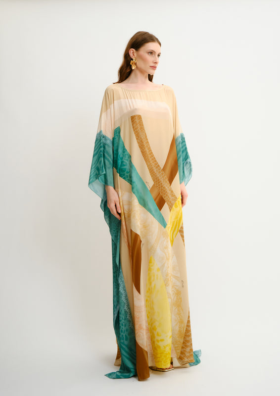 Yolka Square Maxi Kaftan Sahara Giorno in Natural Crepe & Lace