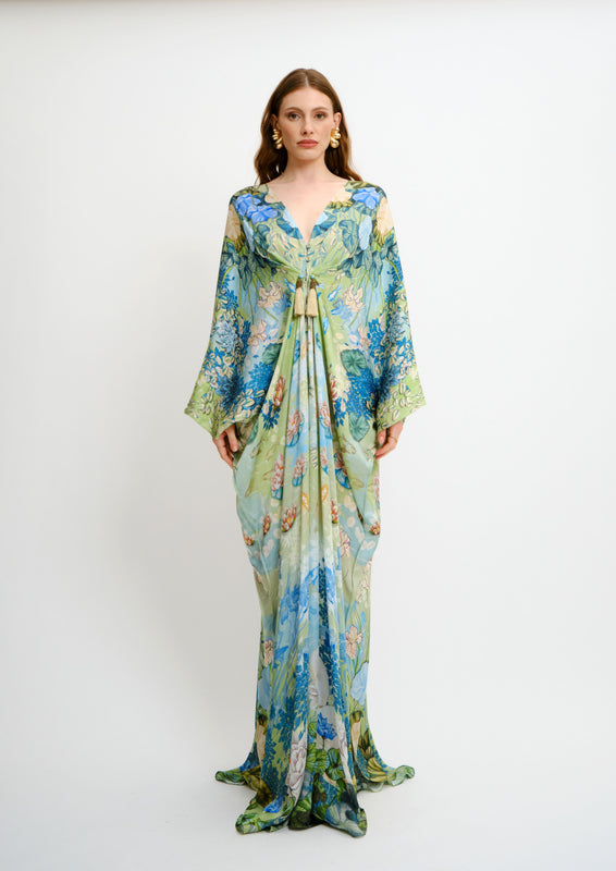 Stella Gathered Cover-Up Jardin Du Jour in Cherry Satin