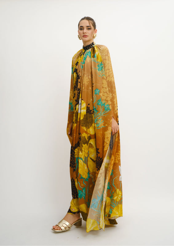 High-Collar Maxi Dress Jardin De Lune in Natural Crepe