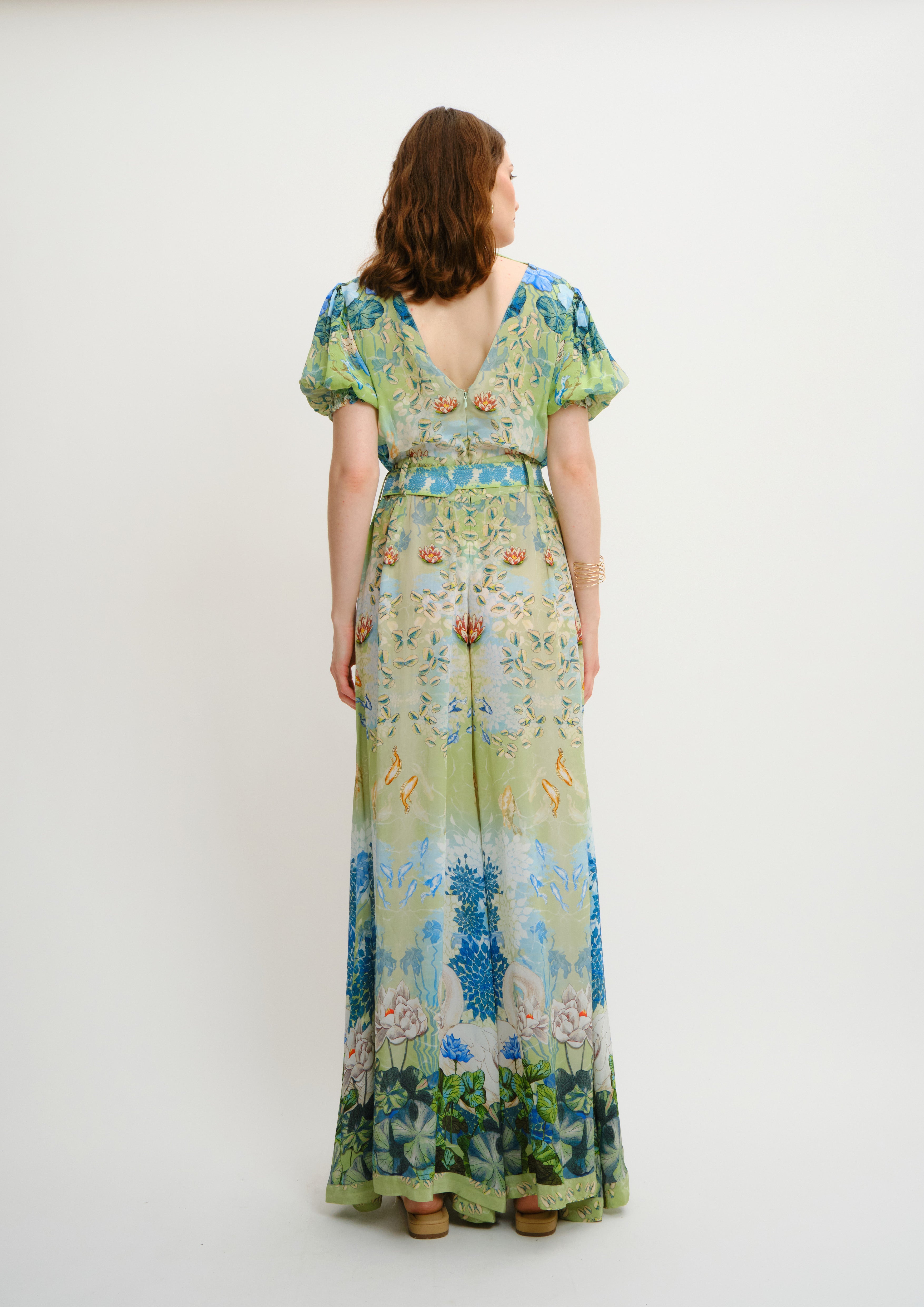 Flowing Floral Jumpsuit Jardin Du Jour with Lace-Up Neckline