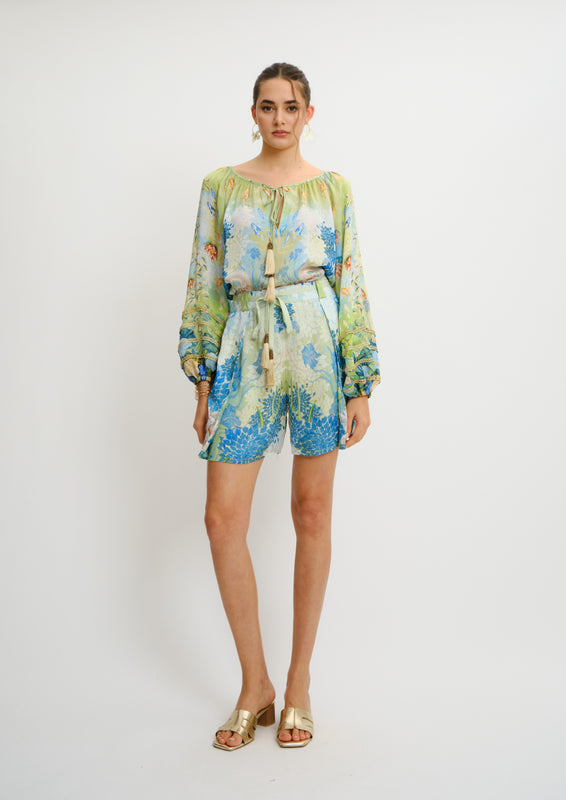 Pleated Aura Shorts Jardin Du Jour in Linen Satin