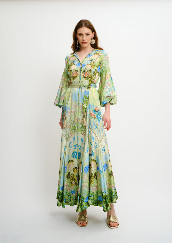 Vishivanka Long Dress Jardin Du Jour in Linen Satin