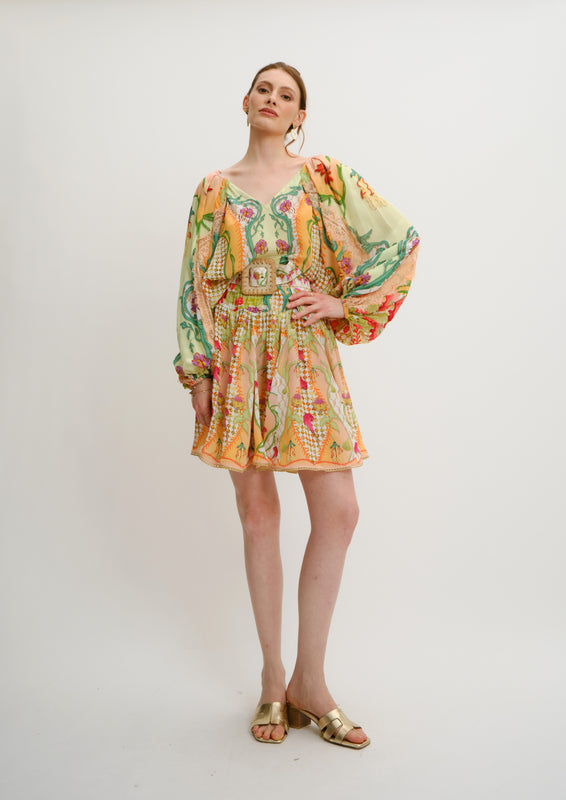 Lily Balloon-Sleeve Blouse Blooming Day in Crepe & Chantilly Lace