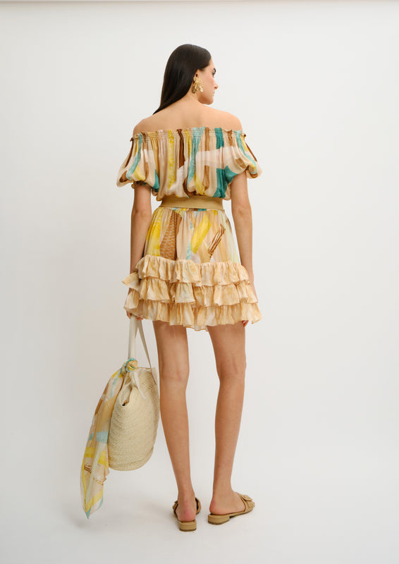 Off-Shoulder Tiered Mini Dress Sahara Giorno in Organza Satin