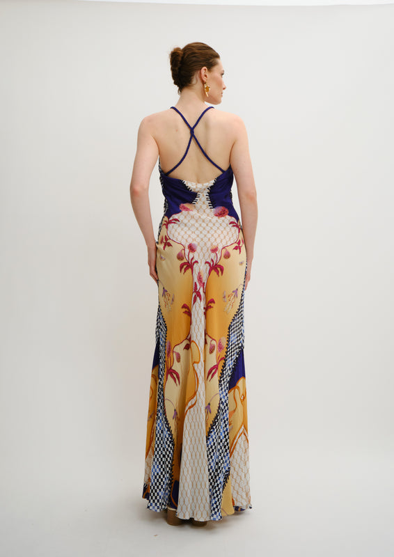 Siren Backless Maxi Dress Blooming Night in Cherry Satin