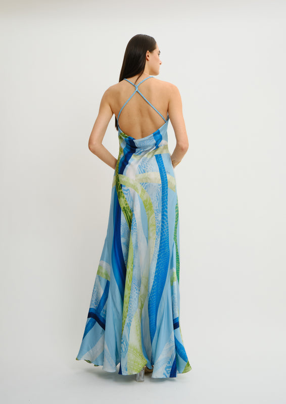 Siren Backless Maxi Dress Blooming Night in Cherry Satin