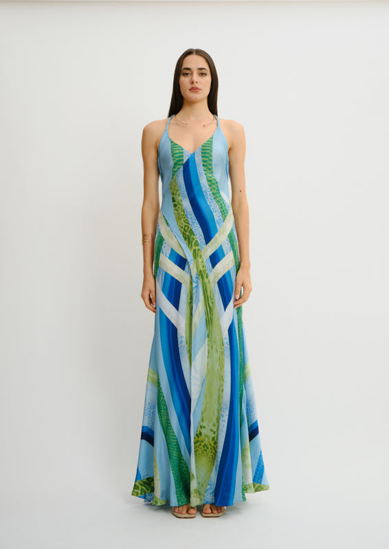 Siren Backless Maxi Dress Blooming Night in Cherry Satin