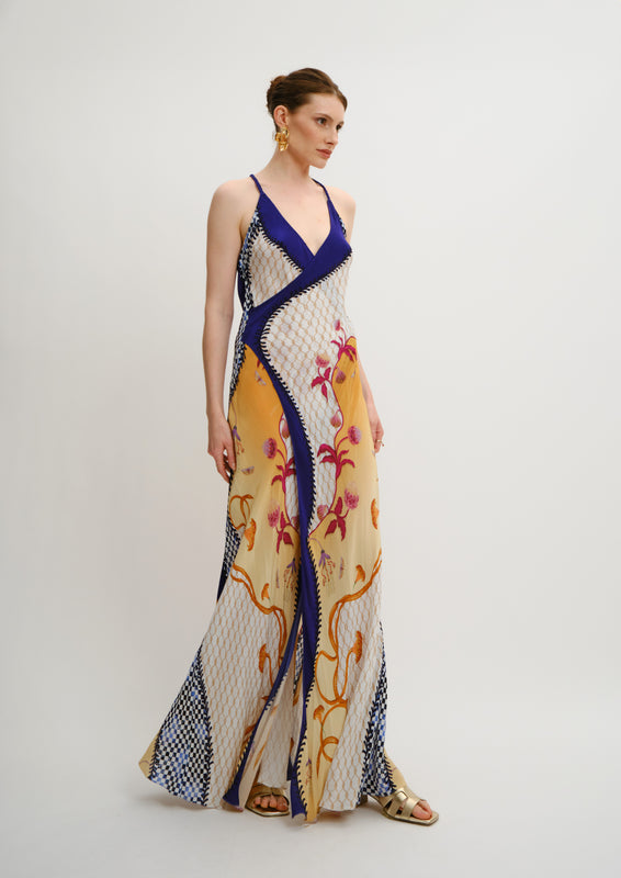 Siren Backless Maxi Dress Blooming Night in Cherry Satin