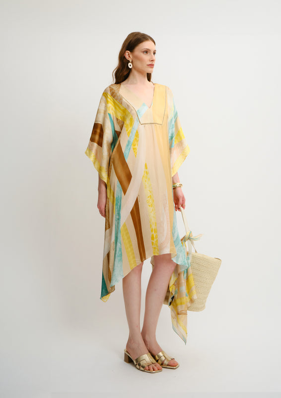 Mini Kaftan with Neck Detail Sahara Giorno in Georgette Satin