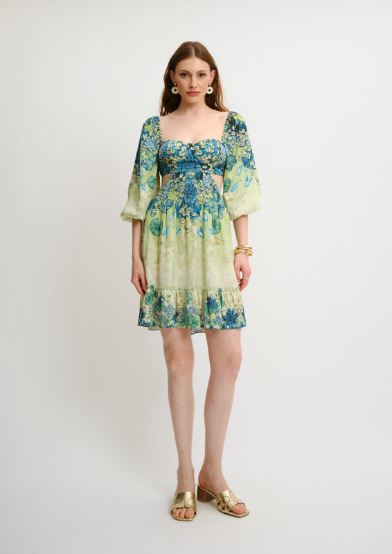 Cutout Bustier Mini Dress Jardin Du Jour in Linen Satin