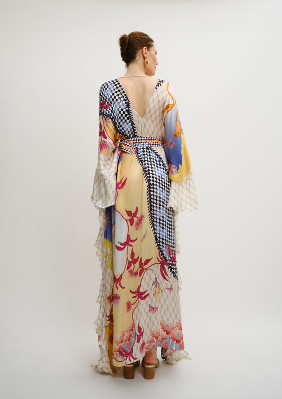 Ruffled Fullness Kaftan Blooming Night in Georgette Satin