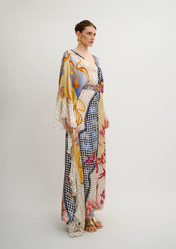 Ruffled Fullness Kaftan Blooming Night in Georgette Satin