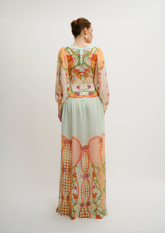 V-Neck Maxi Dress Blooming Day in Organza Satin