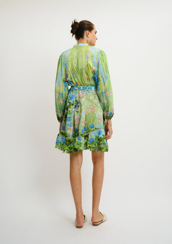 Pintucks Belted Mini Dress Jardin Du Jour in Organza Satin
