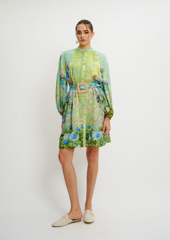 Pintucks Belted Mini Dress Jardin Du Jour in Organza Satin