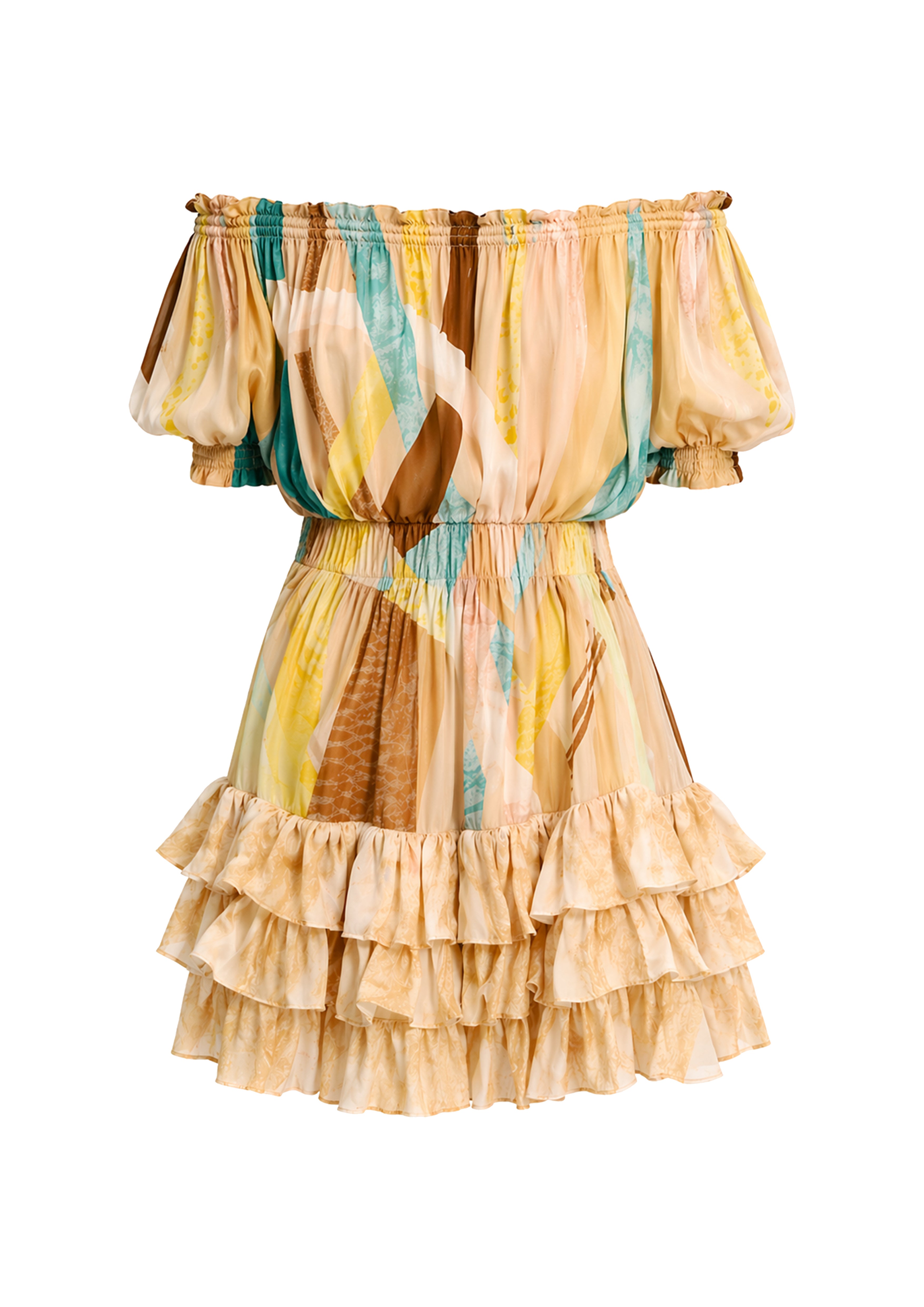Off-Shoulder Tiered Mini Dress Sahara Giorno in Organza Satin