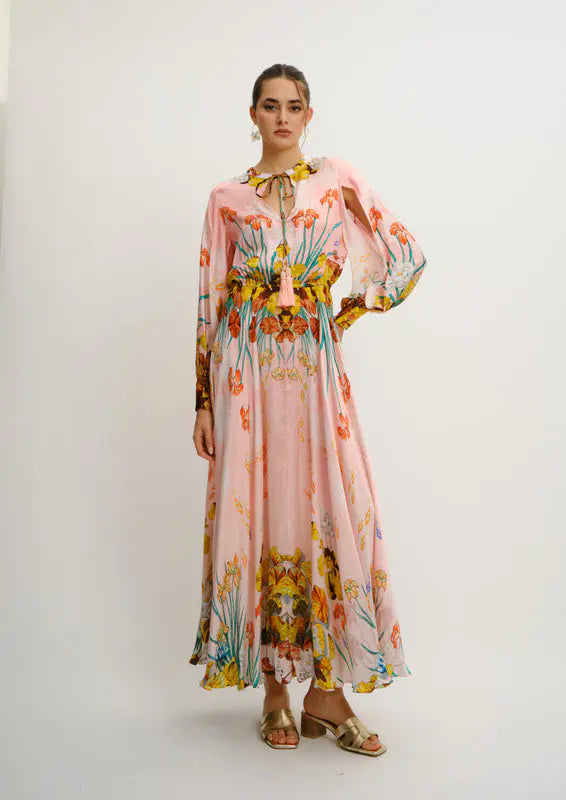 Model earing Koré Collections Jasmine Maxi Dress Jardin au Soleil full length