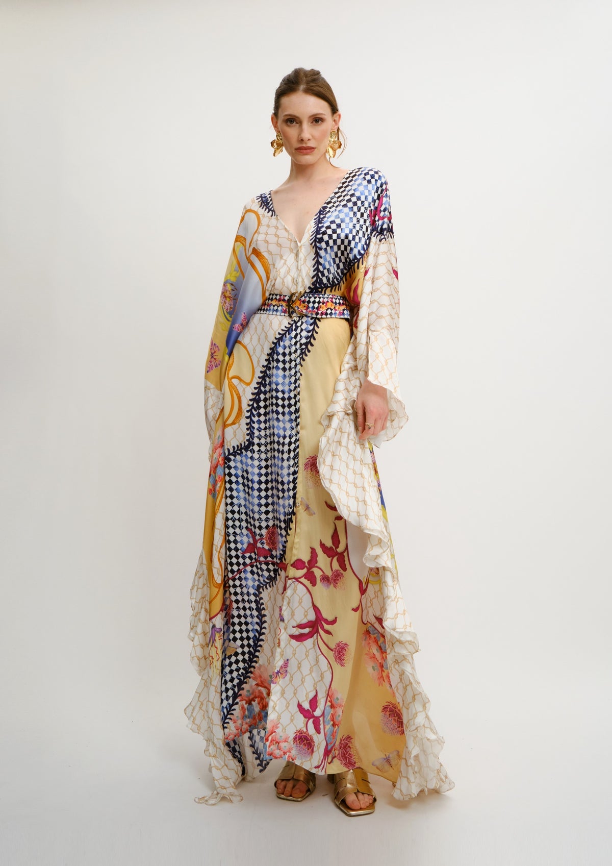 Koré Collections Ruffled Fullness Kaftan in the Blooming Night print, front view.