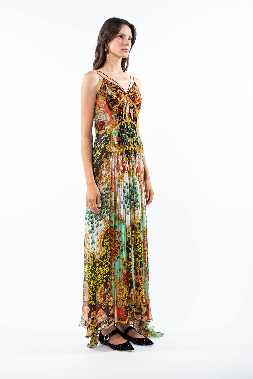 Long dress in Nautilus Secret Black print, crinkled Bemberg chiffon