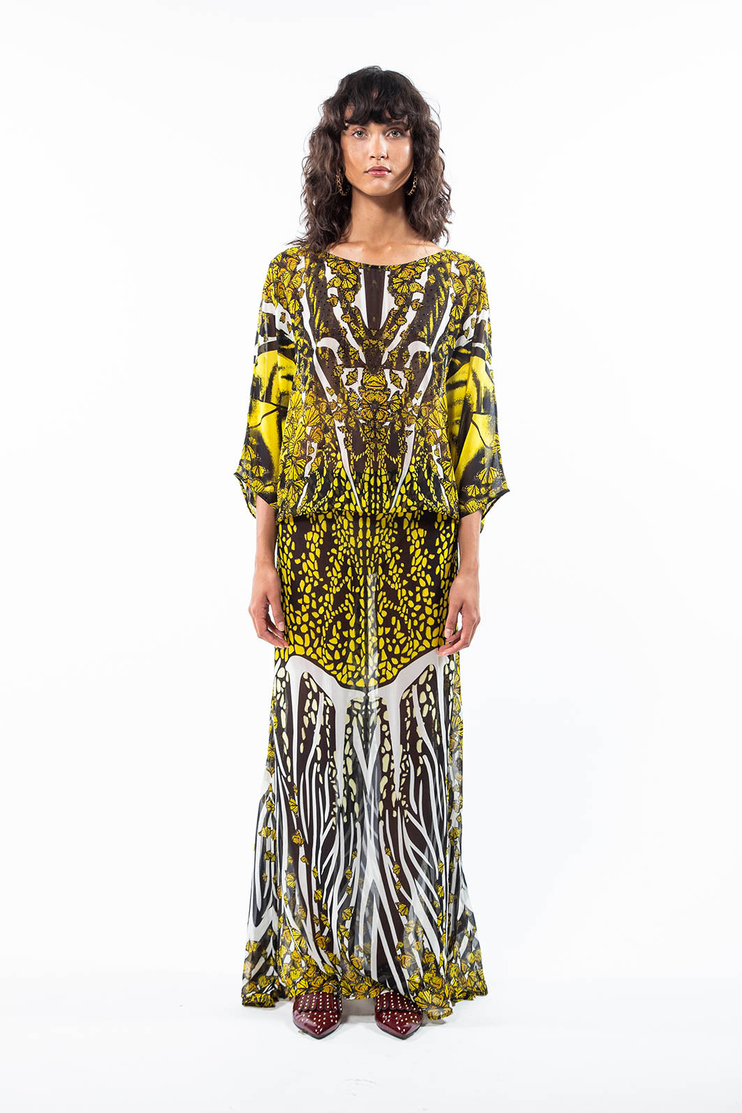 Long covering kaftan in Monarch Butterfly Yellow print