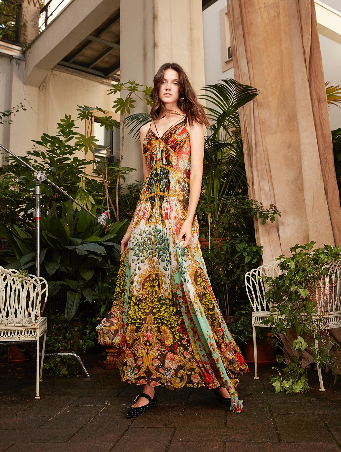 Long dress in Nautilus Secret Black print, crinkled Bemberg chiffon