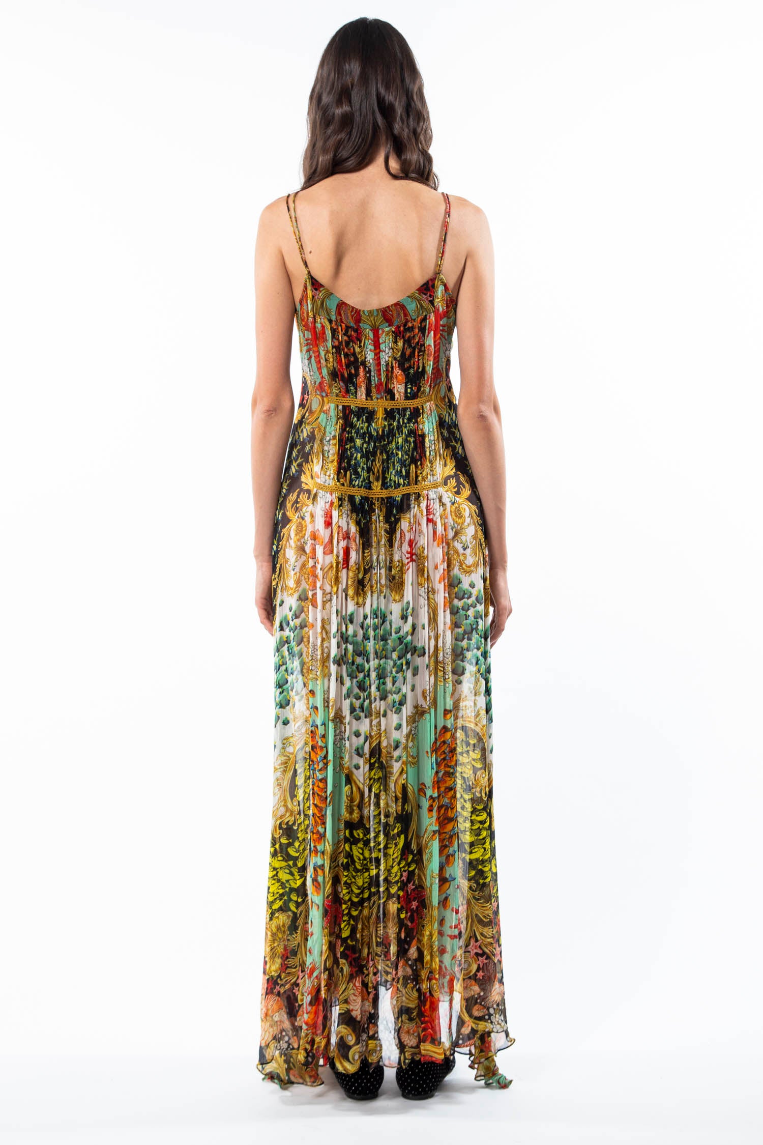 Long dress in Nautilus Secret Black print, crinkled Bemberg chiffon
