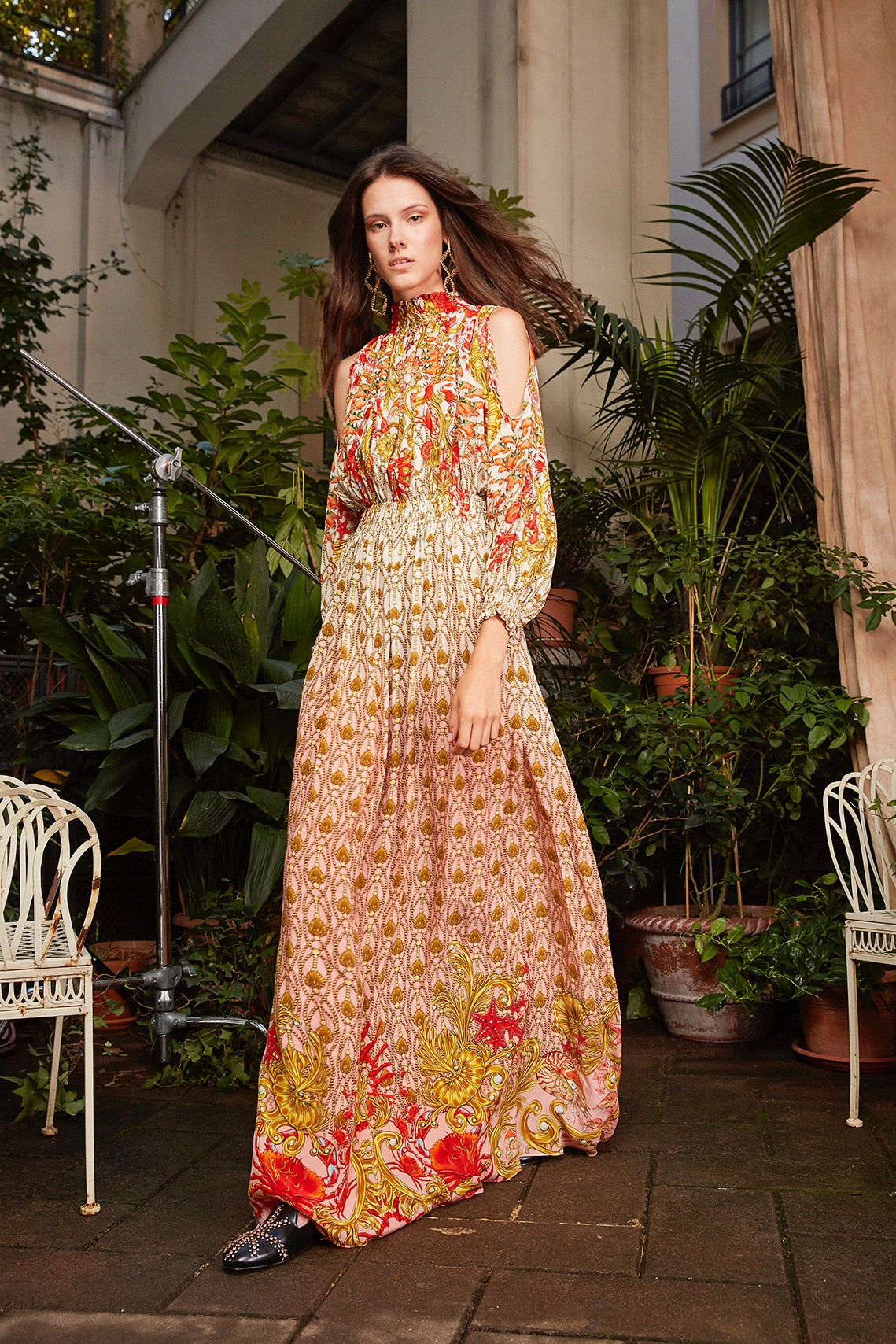 Off-shoulder choker dress in Baroque Sea Temple Pink silk crepe