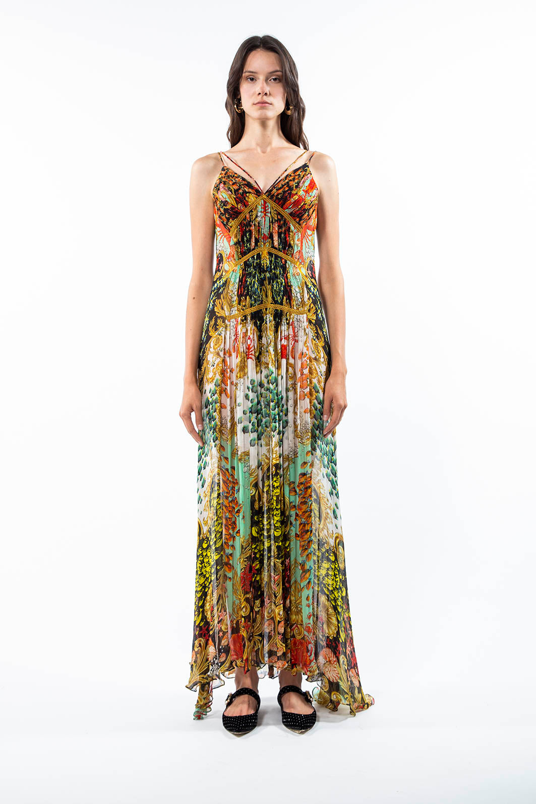 Long dress in Nautilus Secret Black print, crinkled Bemberg chiffon