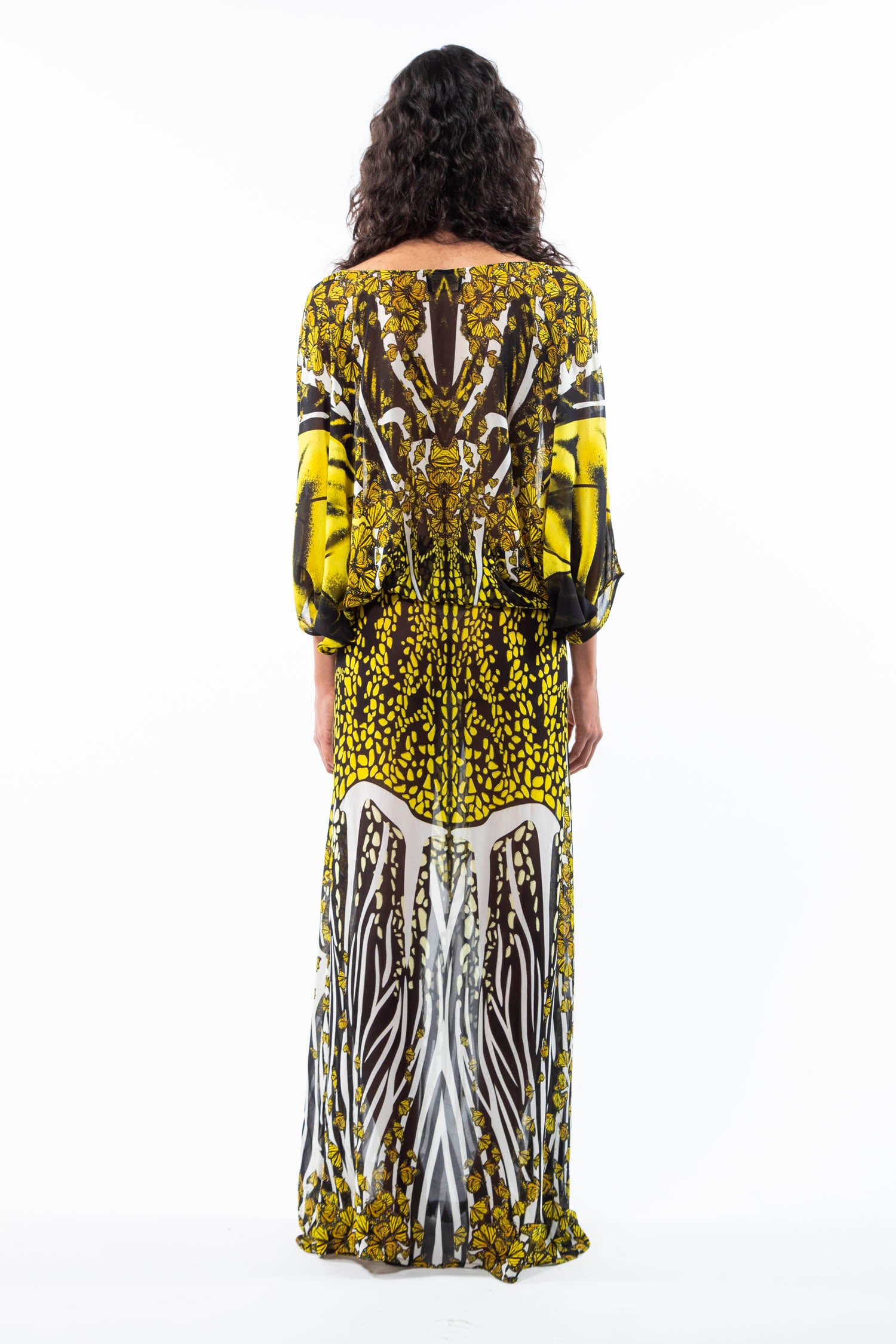 Long covering kaftan in Monarch Butterfly Yellow print
