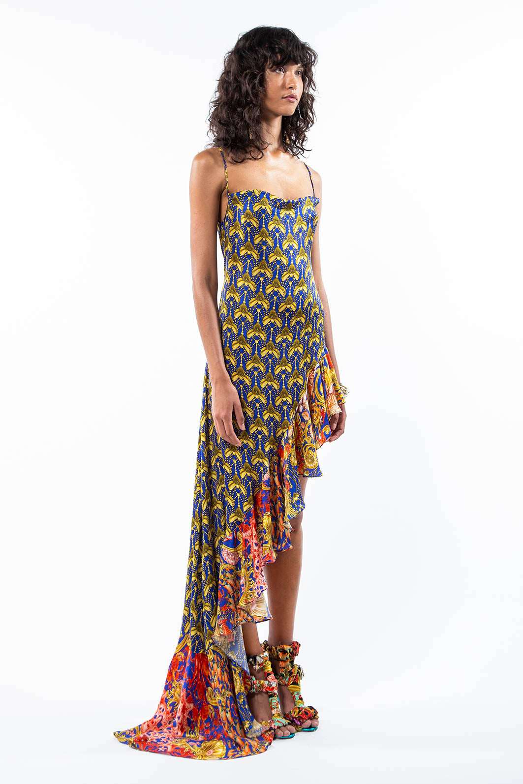 Short ruffle dress in Baroque Sea Temple Blue print