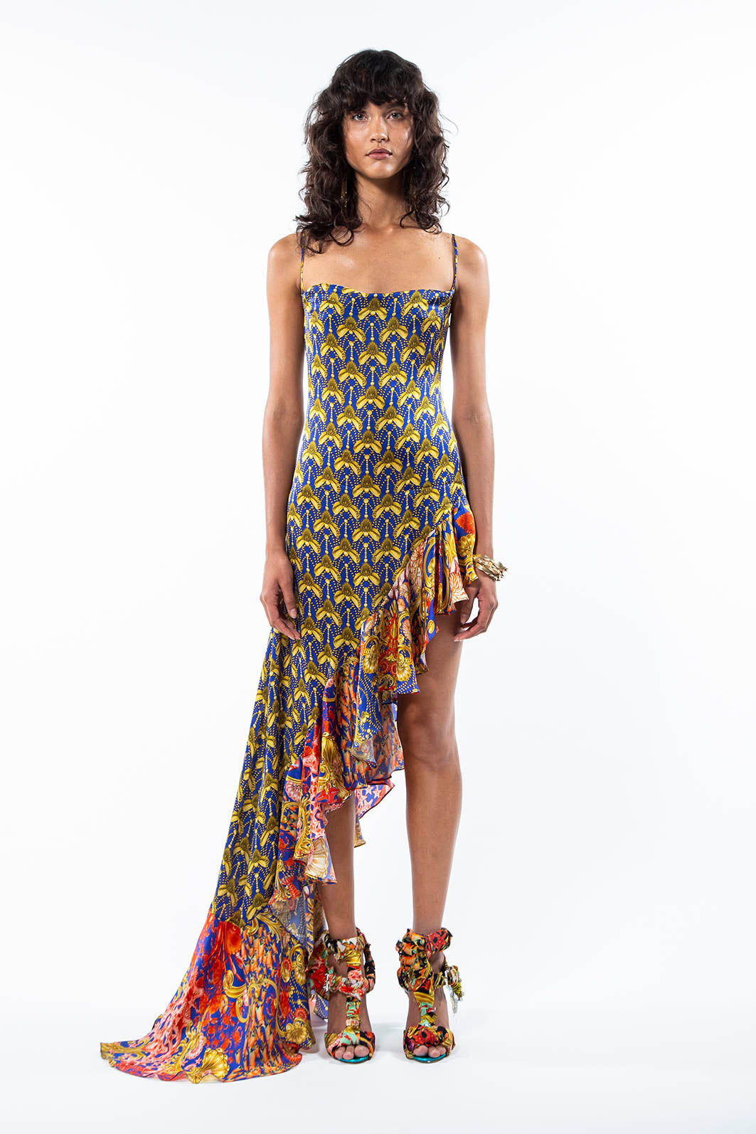 Short ruffle dress in Baroque Sea Temple Blue print