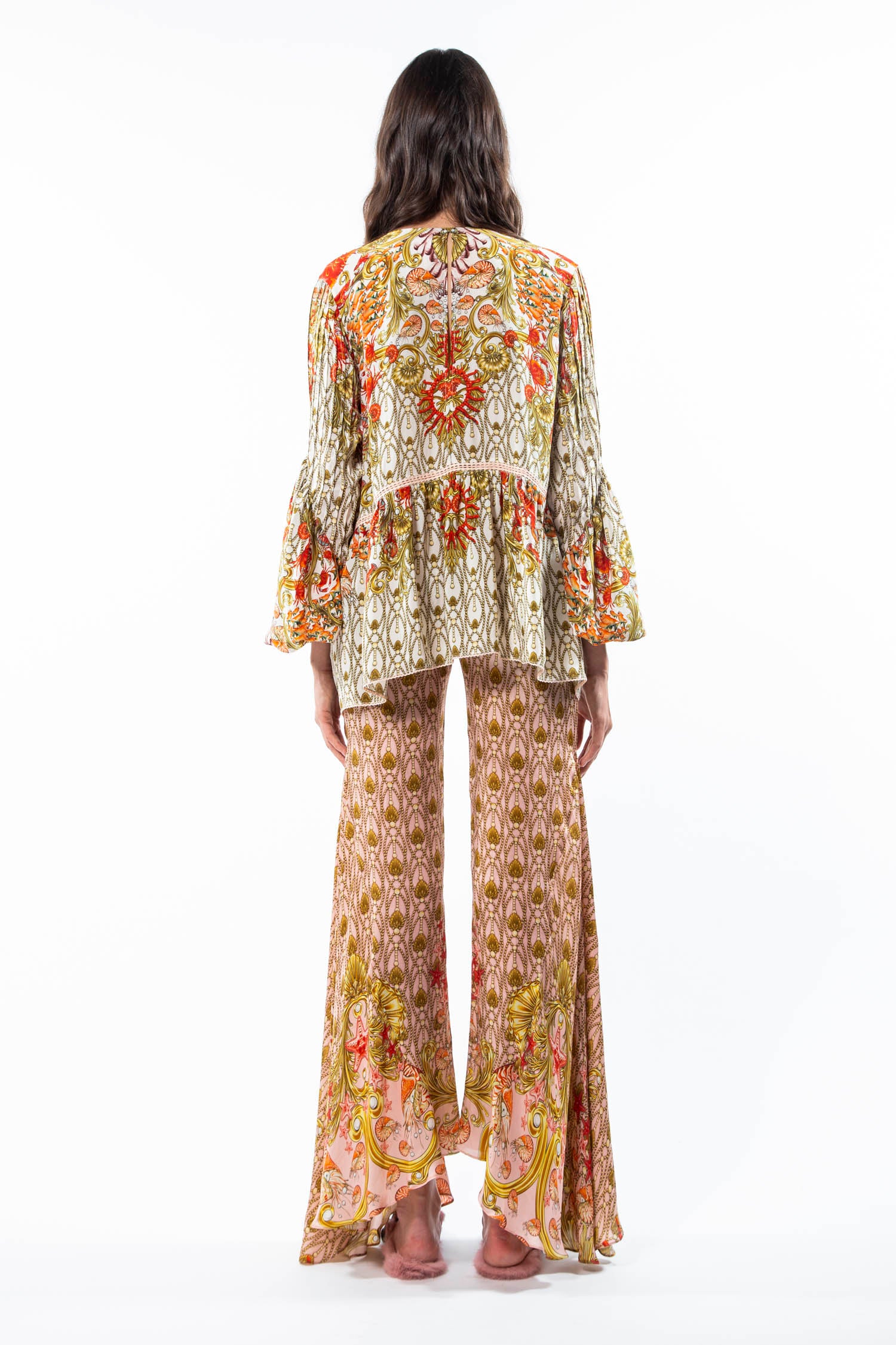 Top with flashlight sleeves in Baroque Sea Temple Pink print