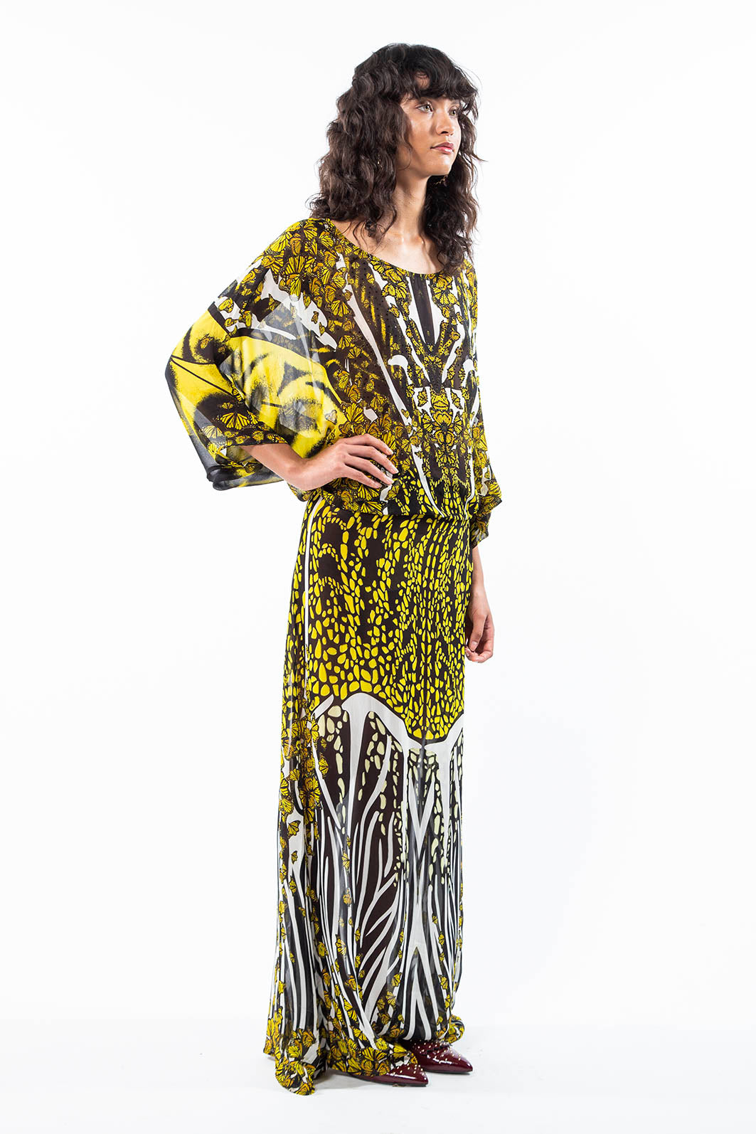 Long covering kaftan in Monarch Butterfly Yellow print
