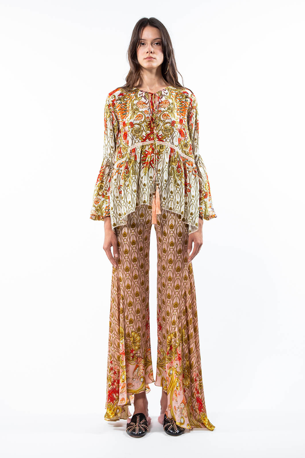 Top with flashlight sleeves in Baroque Sea Temple Pink print