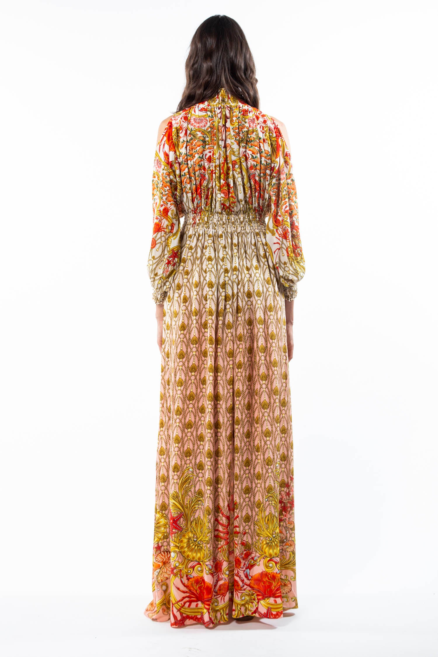 Off-shoulder choker dress in Baroque Sea Temple Pink silk crepe