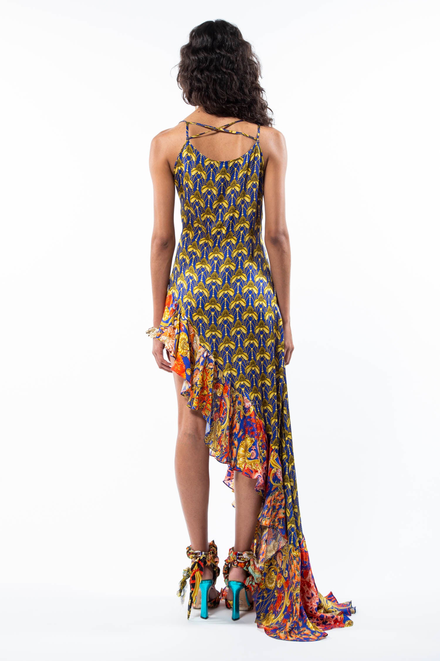 Short ruffle dress in Baroque Sea Temple Blue print