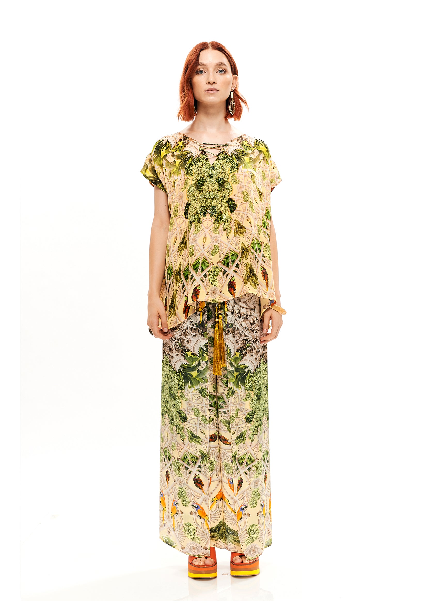 Lace-up mini kaftan in Acanthus Temple Yellow print